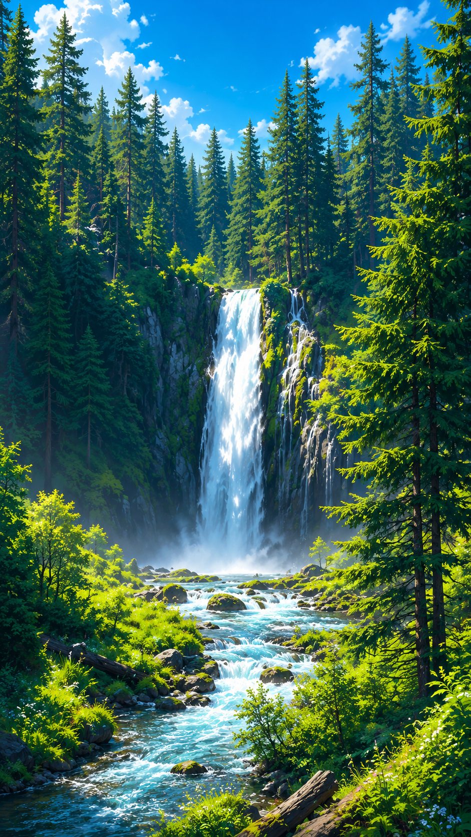 Portrait sunlit forest waterfall phone wallpaper with pine trees, bright blue sky, waterfall, and forest stream.