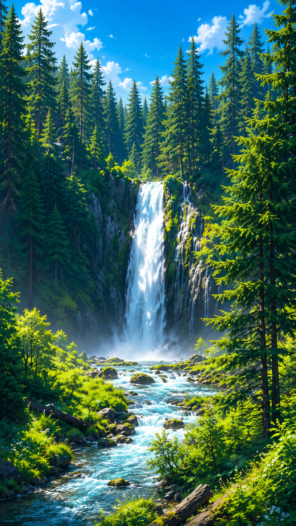 Portrait sunlit forest waterfall phone wallpaper with pine trees, bright blue sky, waterfall, and forest stream.