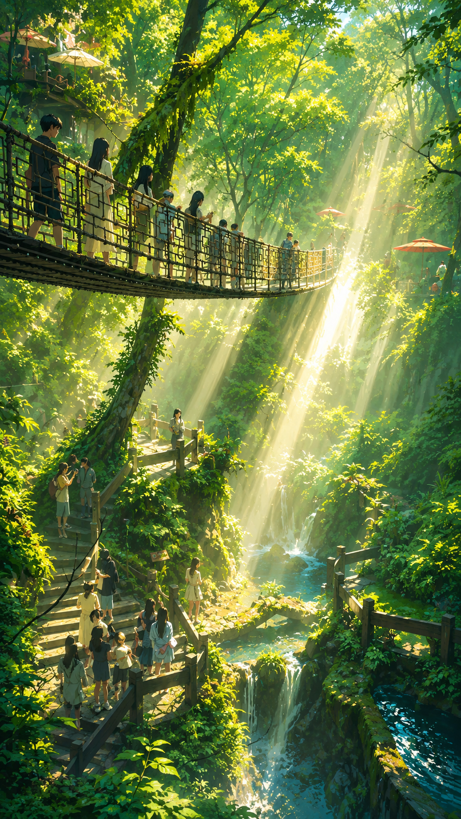 Portrait sunlit forest bridge phone wallpaper with people on a walkway, bright sunbeams, green trees, and a stream.