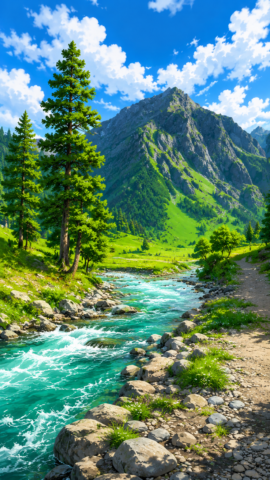 Portrait turquoise alpine river phone wallpaper with mountain valley, bright clouds, green slopes, and rocky trail.