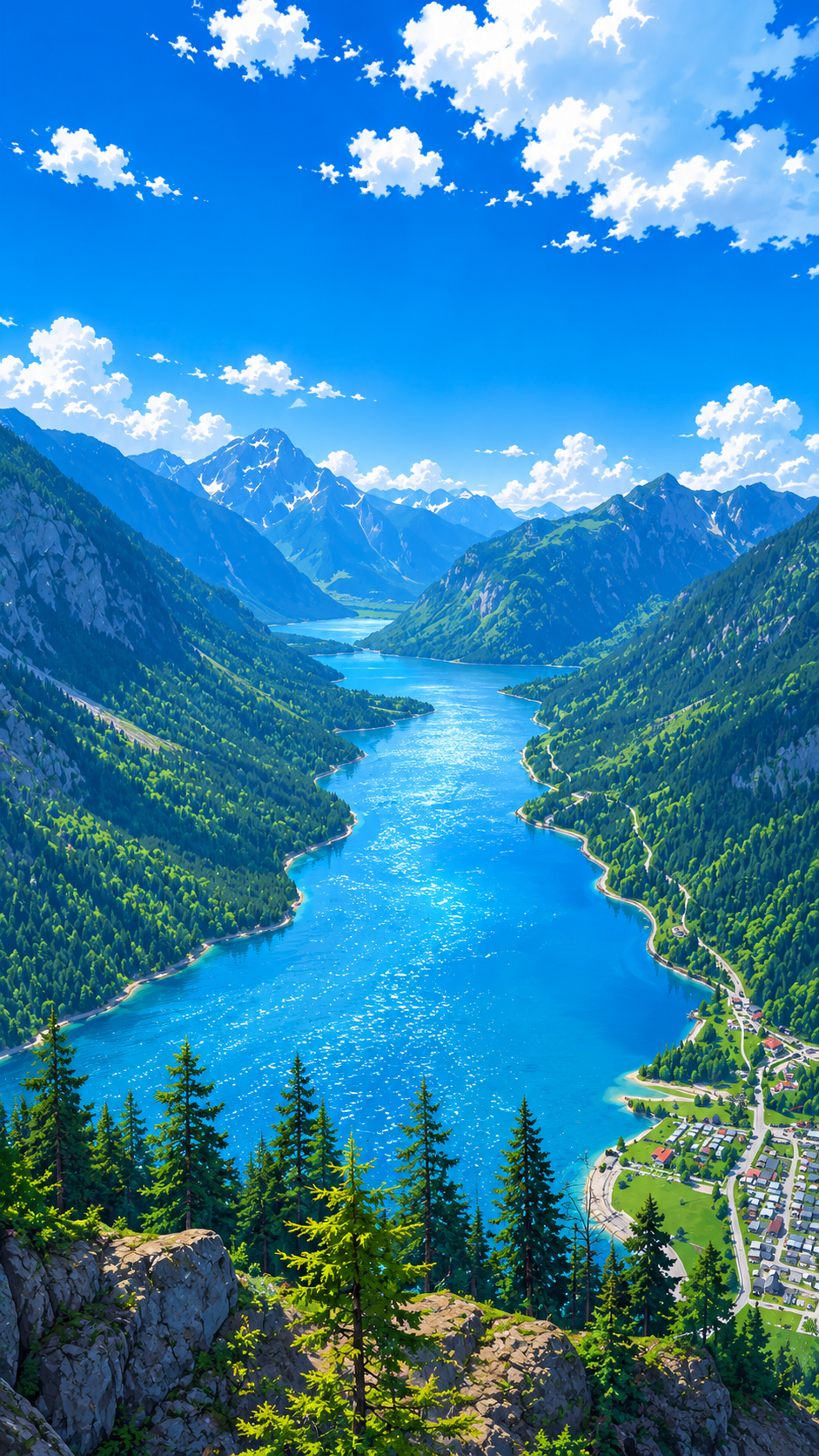 Portrait bright alpine lake valley phone wallpaper with blue water, mountain slopes, white clouds, and pine trees.