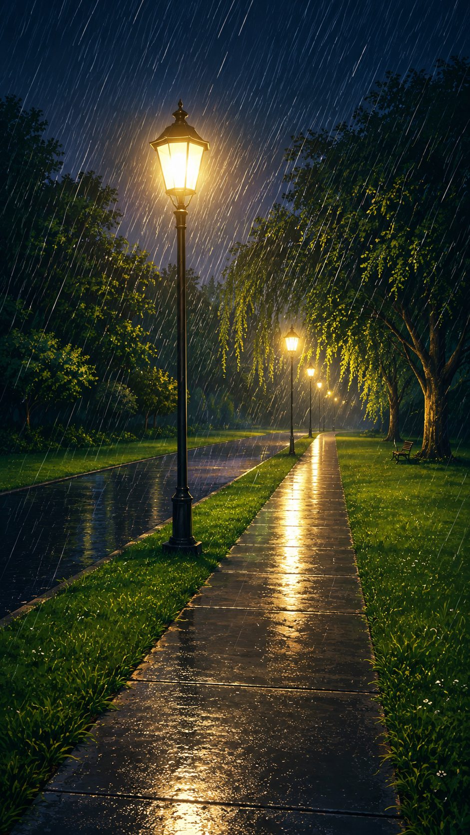 Portrait rainy park lamp walk phone wallpaper with glowing street lamps, wet path reflections, trees, and heavy rain.