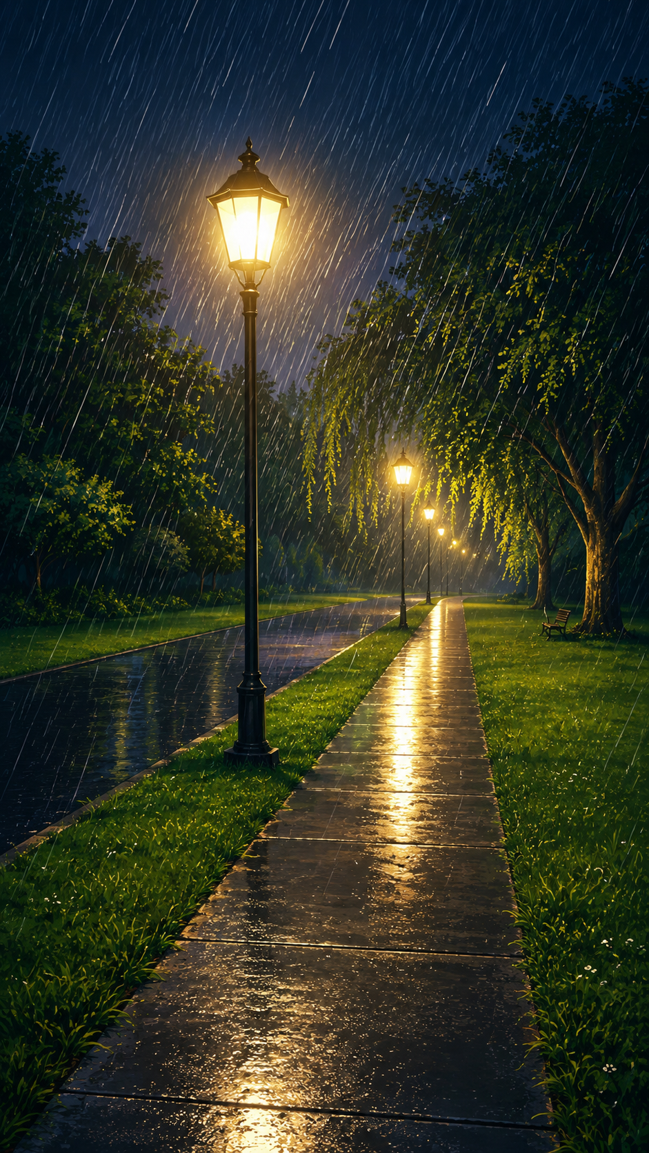 Portrait rainy park lamp walk phone wallpaper with glowing street lamps, wet path reflections, trees, and heavy rain.