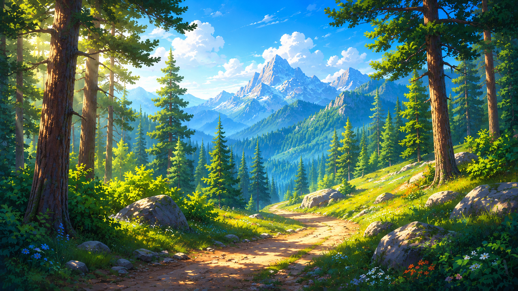 Moonlit alpine forest stream 4K wallpaper with pine trees, blue mountains, full moon, and glowing river water.