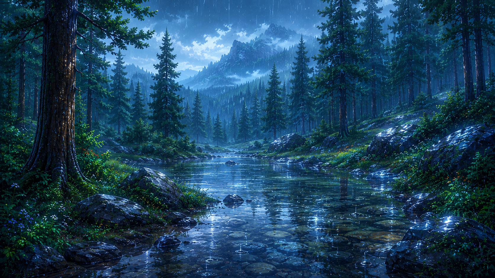 Lightning alpine forest storm 4K wallpaper with dark pine trees, mountain peaks, rain, and bright lightning.