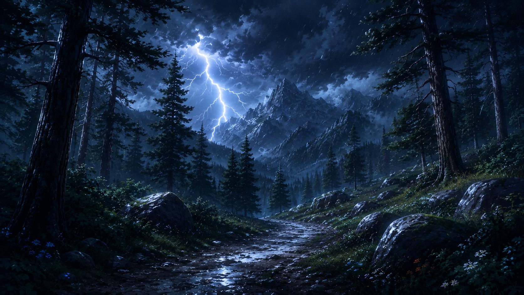 Sunlit alpine forest path 4K wallpaper with green trees, mountain peaks, blue sky, and a bright trail.