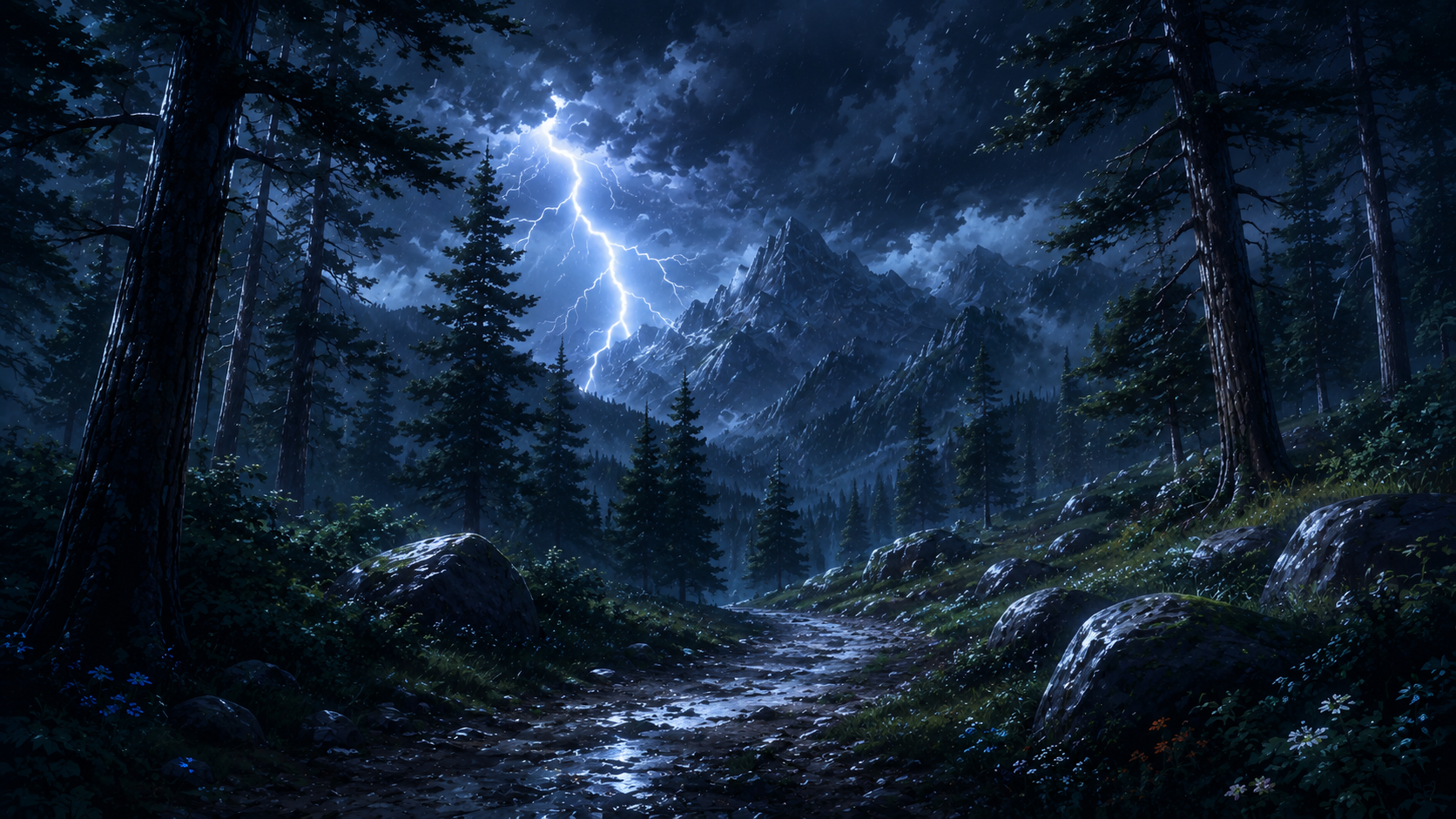 Sunlit alpine forest path 4K wallpaper with green trees, mountain peaks, blue sky, and a bright trail.