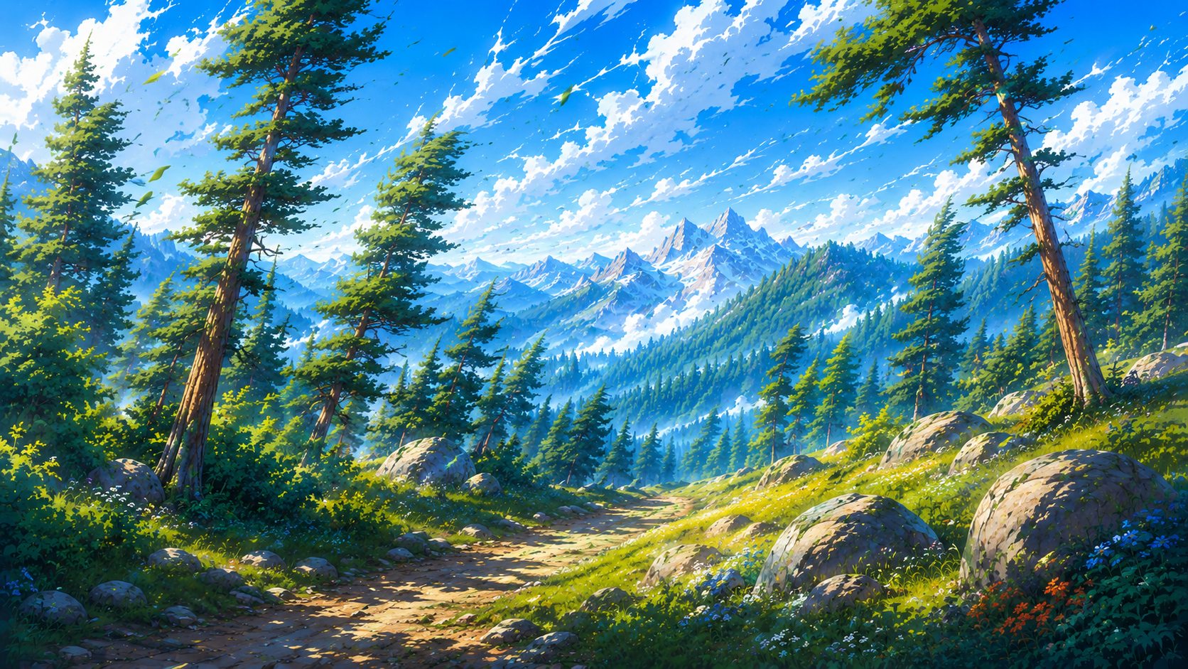 Misty forest stream morning 4K wallpaper with sunbeams, pine trees, rocks, flowers, and a quiet path.