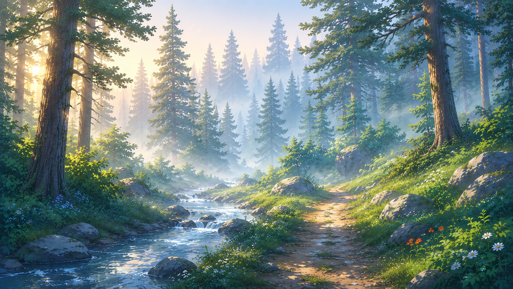 Rainy alpine forest river 4K wallpaper with blue mountain haze, pine trees, river reflections, rocks, and rain.