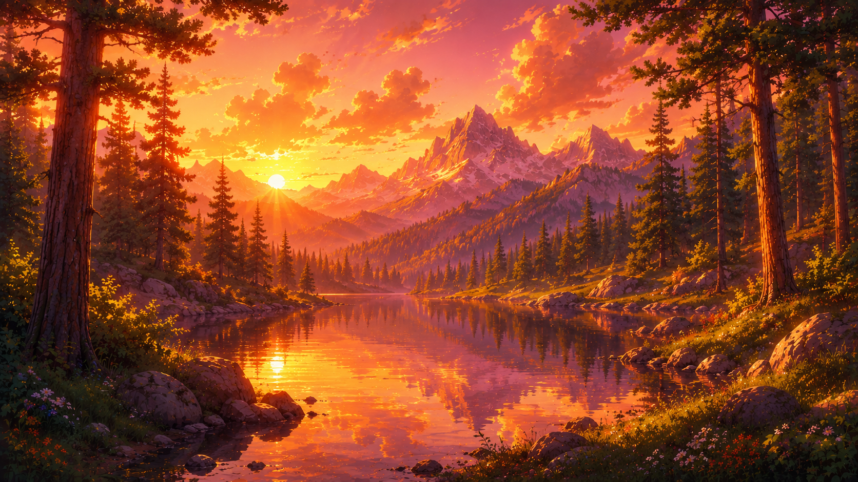 Windy blue sky alpine trail 4K wallpaper with pine forest, mountain peaks, sweeping clouds, and a sunlit path.