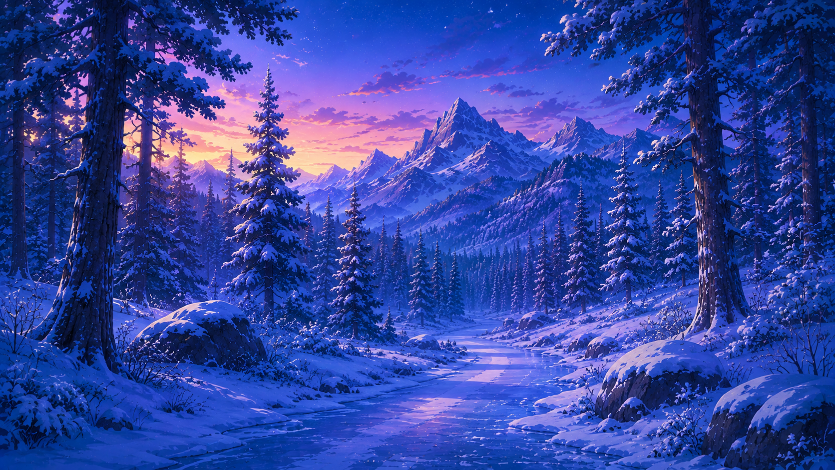 Purple snowy alpine twilight 4K wallpaper with frosted pine trees, mountain peaks, frozen river, and sunset glow.