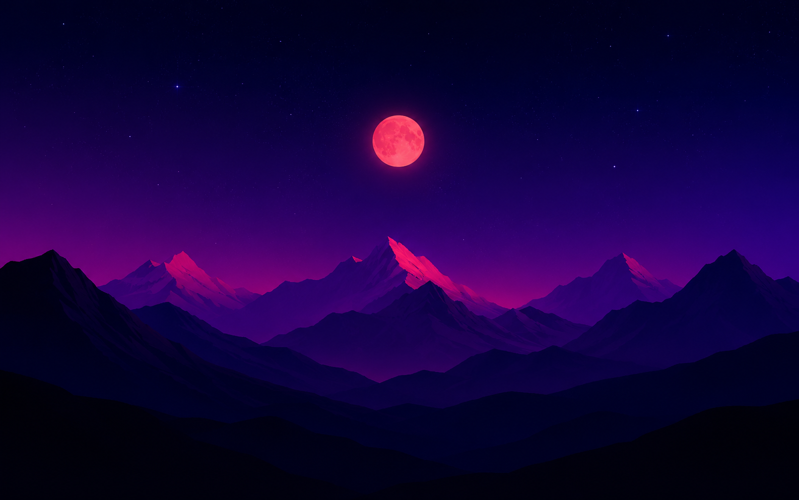 Red moon alpine silhouette wallpaper with layered purple mountains, dark sky, and glowing red moon.