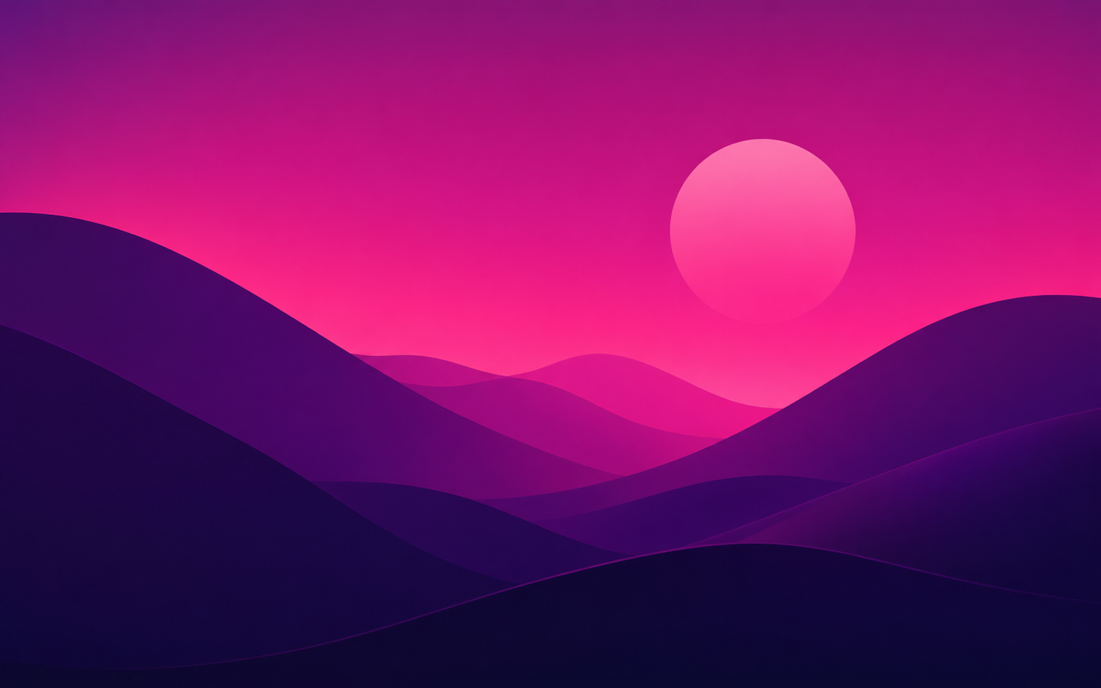 Magenta valley sunset wallpaper with layered purple hills, pink sky, and a round sun.