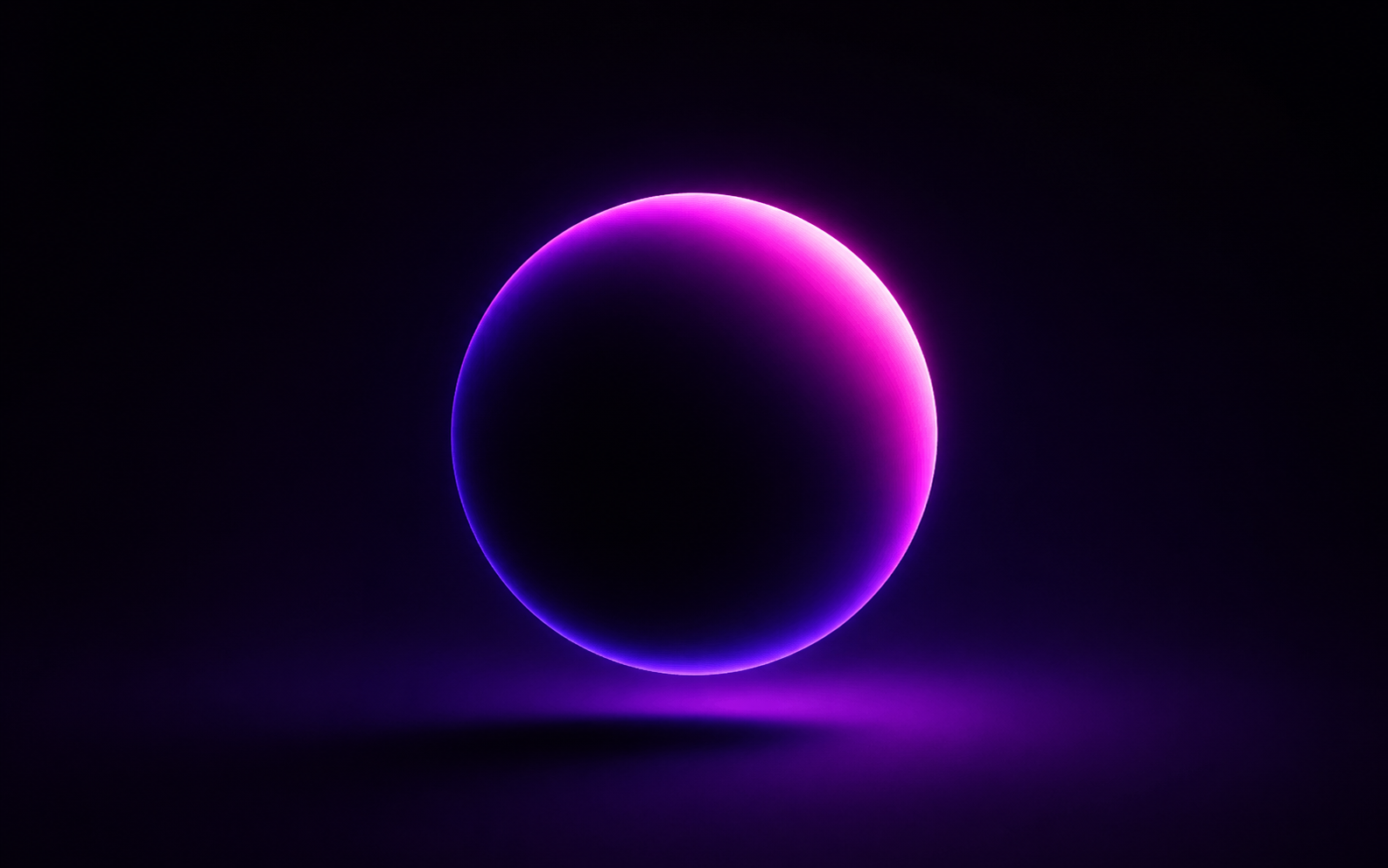 Purple neon eclipse orb wallpaper with a glowing ring, black background, and soft purple floor light.
