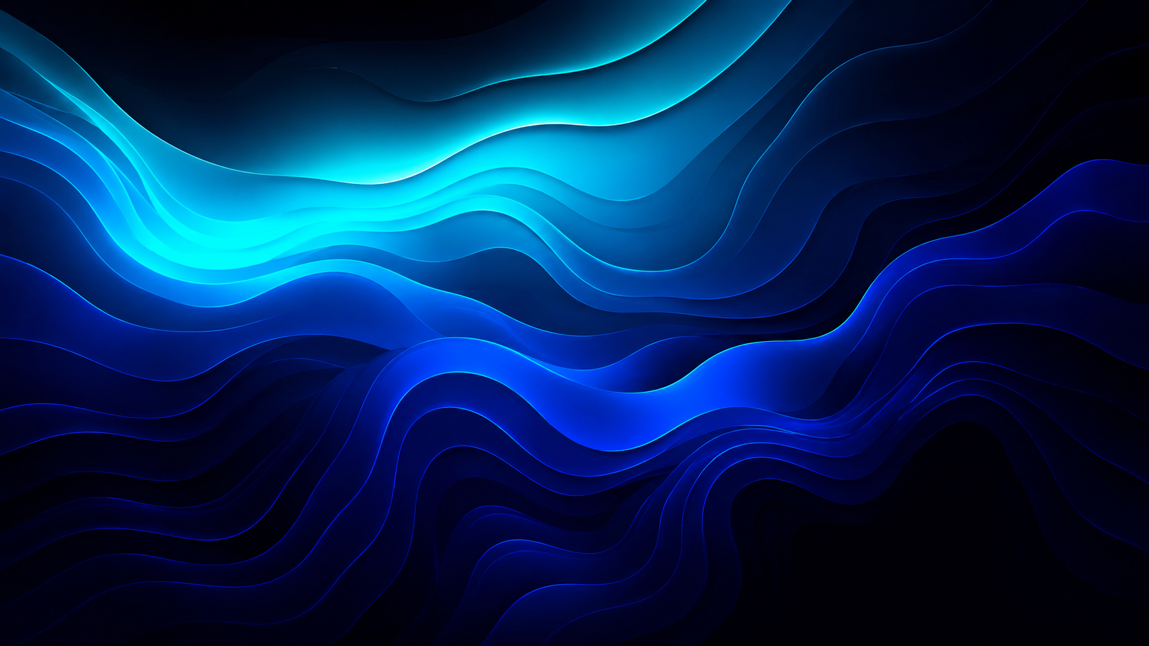 Cyan contour wave abstract wallpaper with layered blue lines flowing across a dark background.