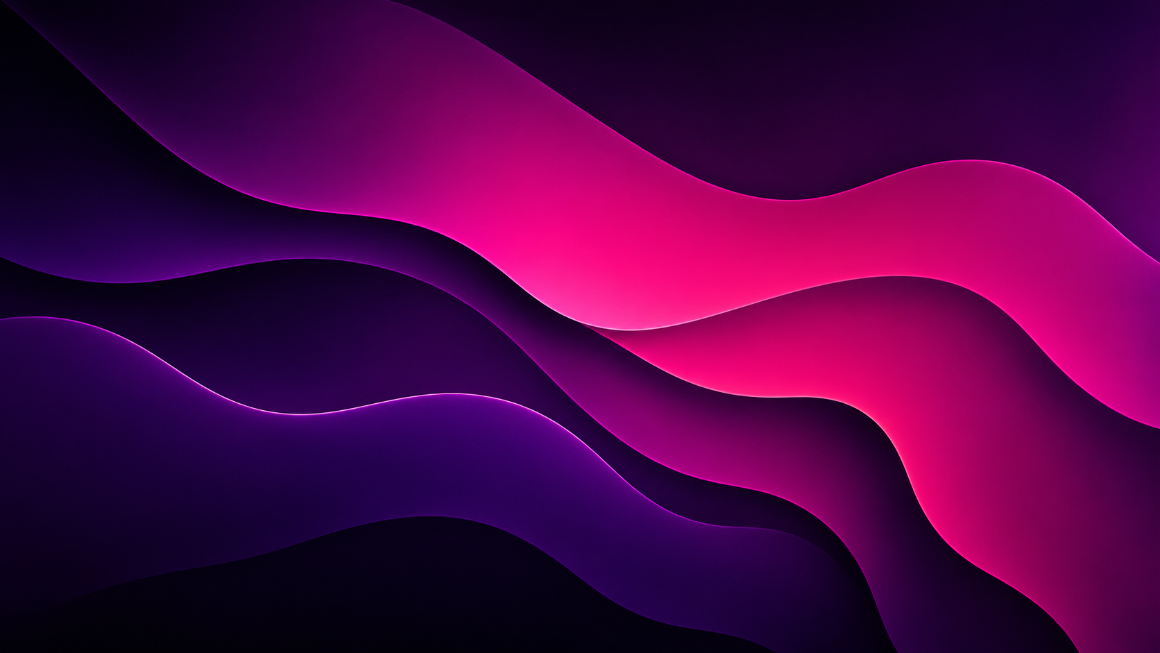 Magenta ribbon flow abstract wallpaper with layered pink waves over a black background.