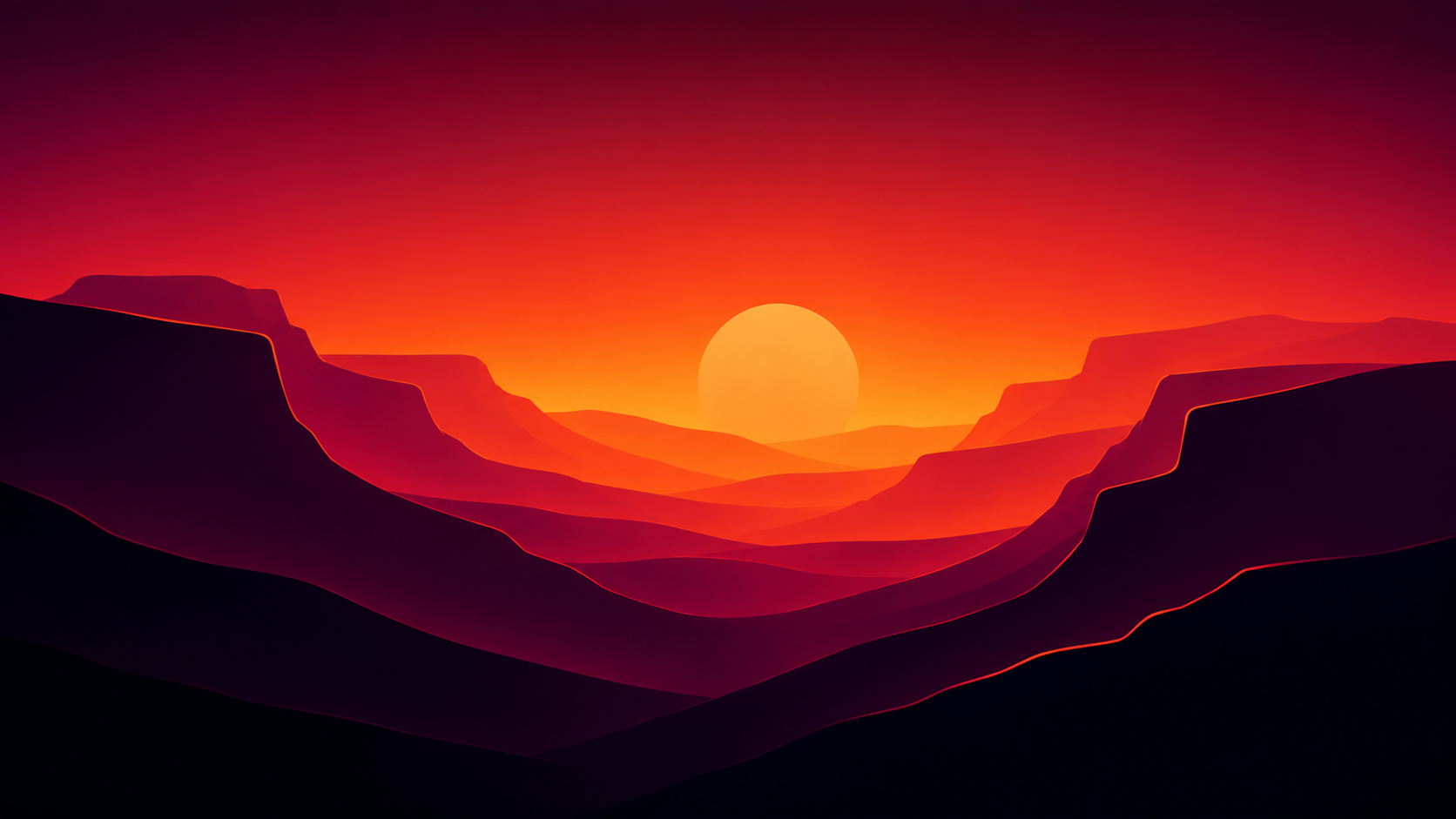 Orange canyon sunset wallpaper with layered red cliffs, warm sky, and a low sun.