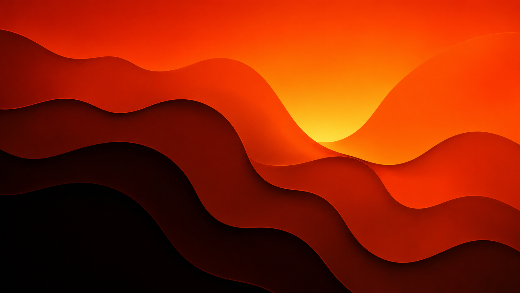 Amber layered desert sunset wallpaper with orange hills, bright sun glow, and dark foreground.
