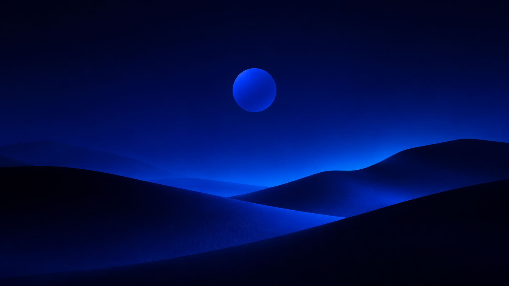 Deep blue moon dunes wallpaper with layered night hills and a small blue moon.