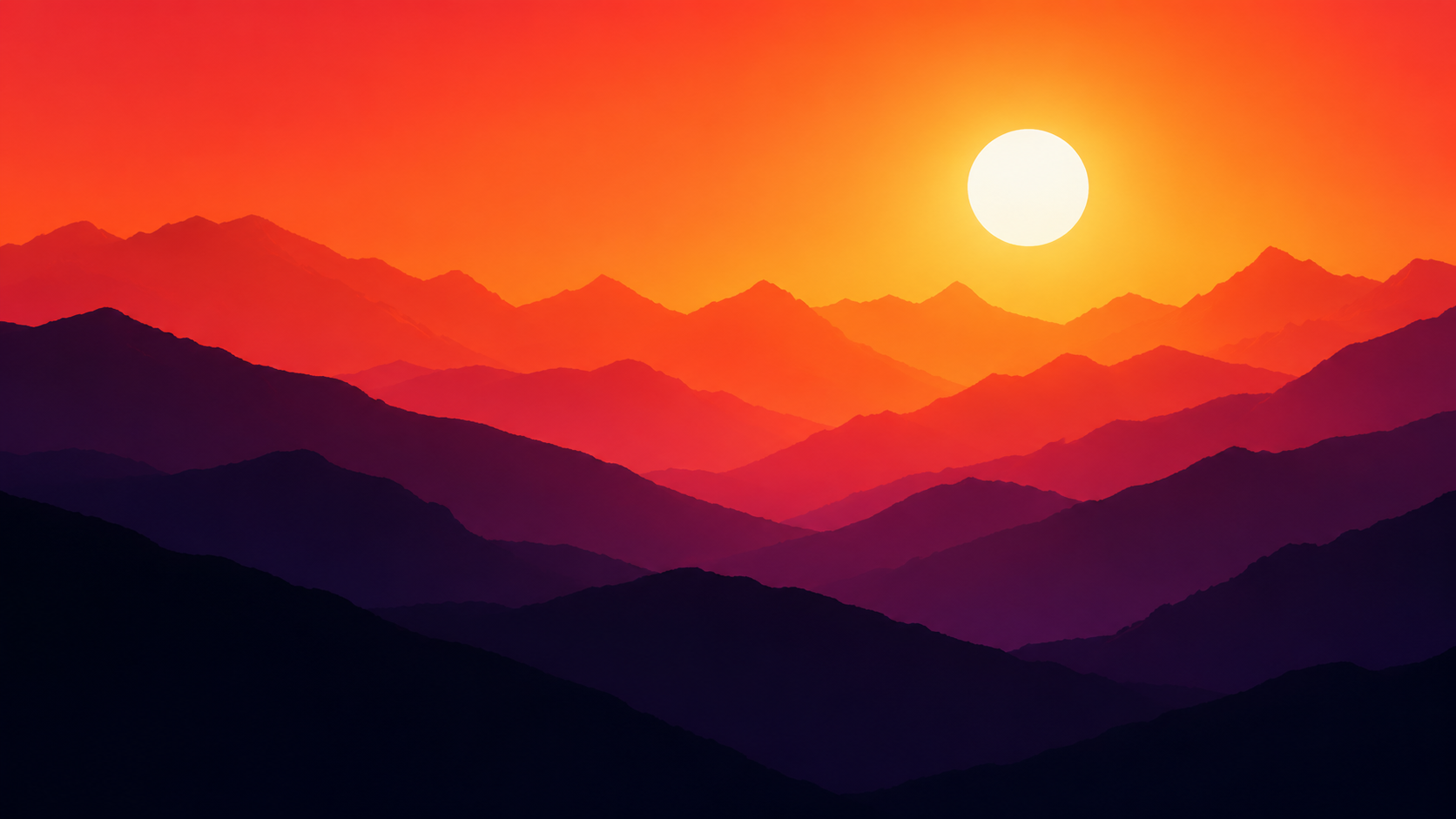 Solar mountain layers wallpaper with orange mountain ridges, glowing sun, and dark foreground.