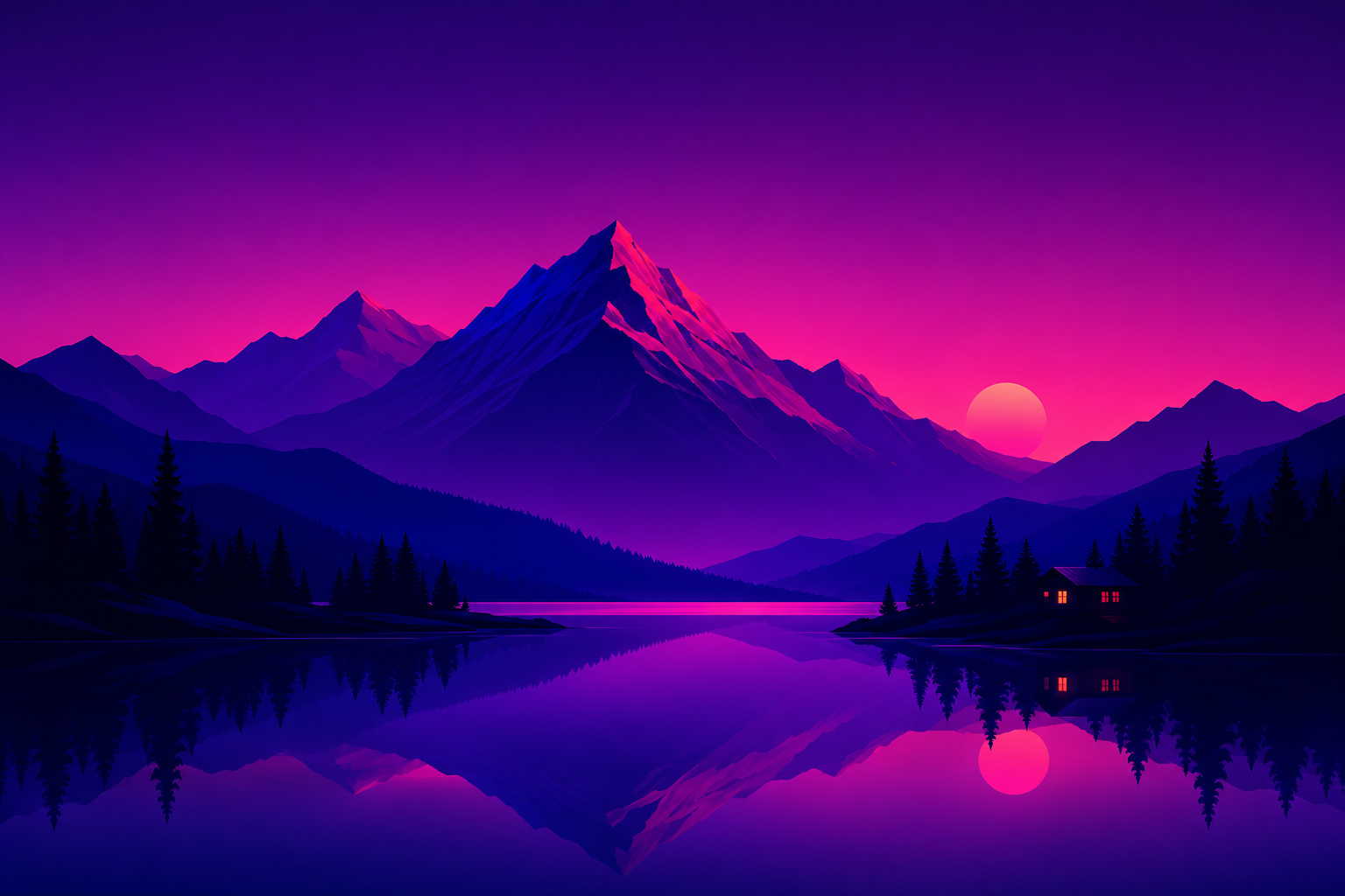 Purple alpine lake sunrise wallpaper with mountain peak, pink sky, lake reflections, and small cabin lights.