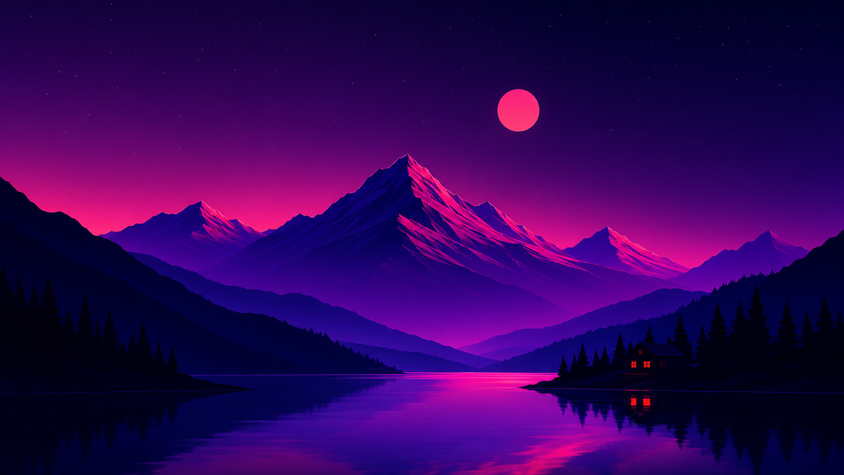 Pink moon mountain lake wallpaper with purple peaks, pine trees, and lake reflections.