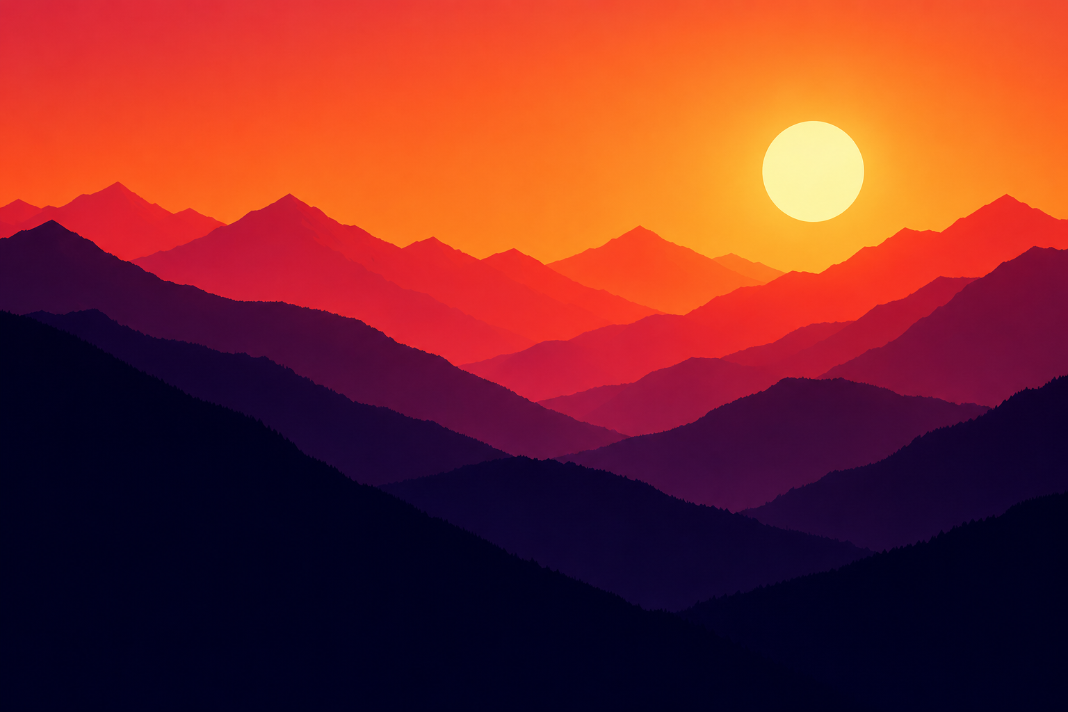 Golden sun mountain layers wallpaper with orange mountain ridges and a bright white sun.