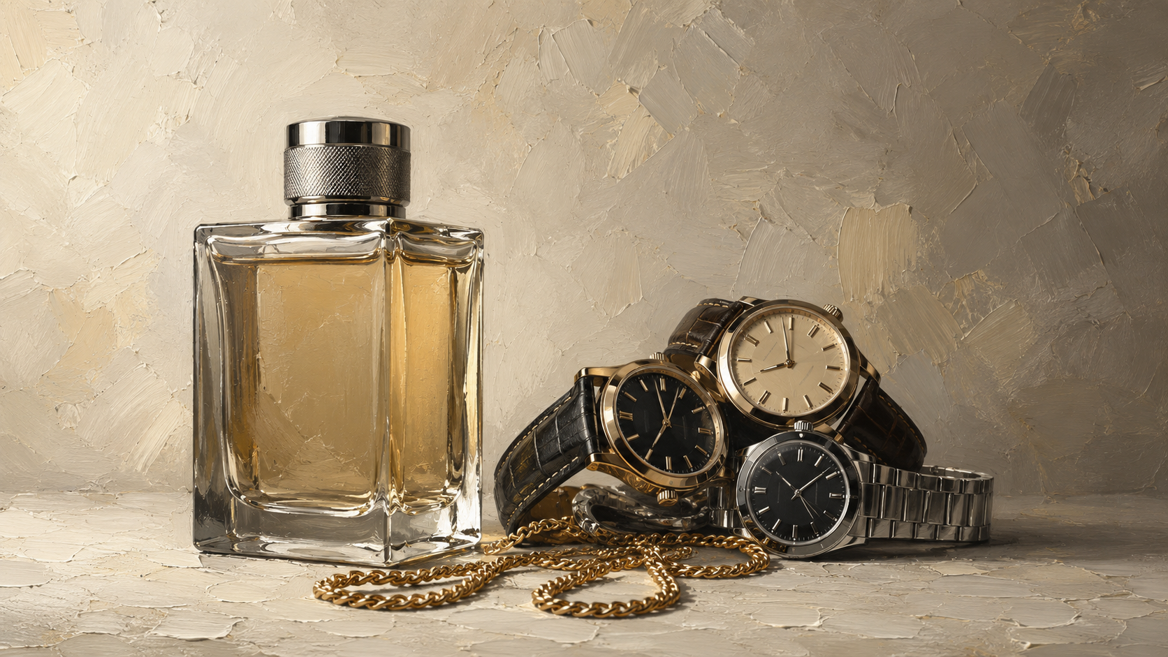 Amber fragrance bottle, three classic watches, and a gold chain arranged on textured ivory plaster.