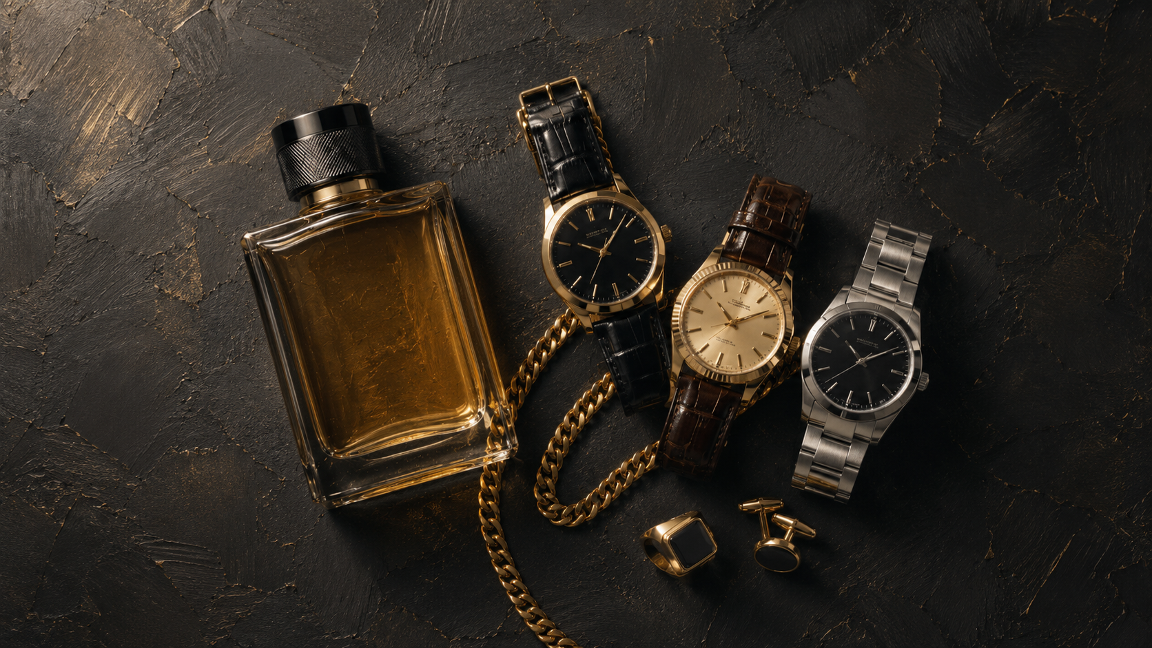 Amber fragrance bottle, three watches, gold chain, ring, and cufflinks on black textured plaster.