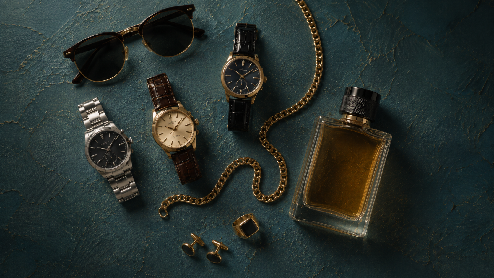 Round sunglasses, three watches, amber fragrance, ring, cufflinks, and gold chain on teal plaster.