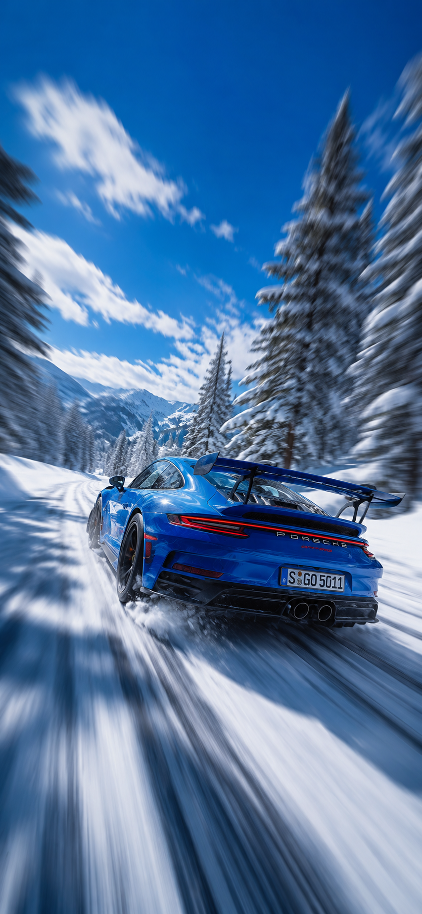 Blue Porsche iPhone wallpaper driving fast on a snowy alpine road with winter trees and motion blur.