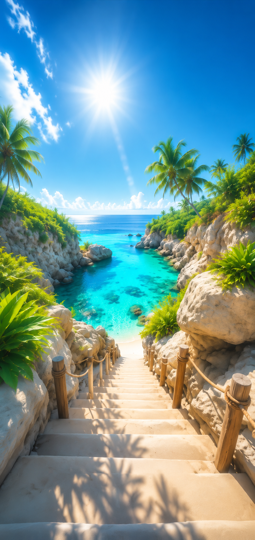 Bright tropical phone wallpaper looking down beach steps toward turquoise cove water and palm trees.