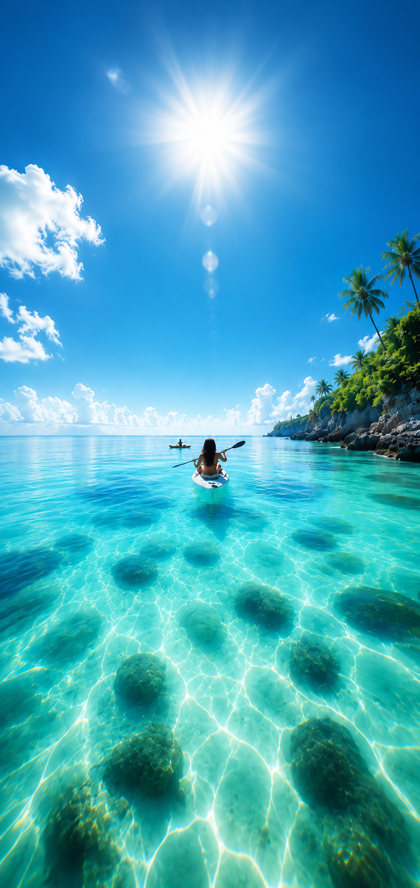 Bright phone wallpaper of a kayak crossing clear turquoise lagoon water under a strong tropical sun.