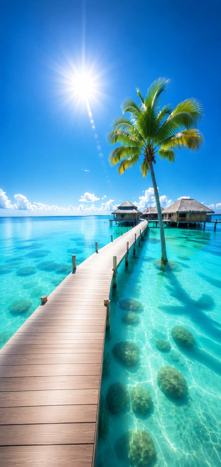 Sunny phone wallpaper of a wooden jetty leading over turquoise water toward tropical huts and a palm tree.