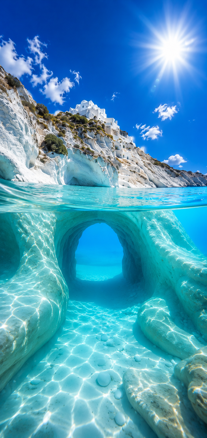 Bright Santorini-style phone wallpaper with a sea cave, white cliff village, and turquoise underwater rocks.