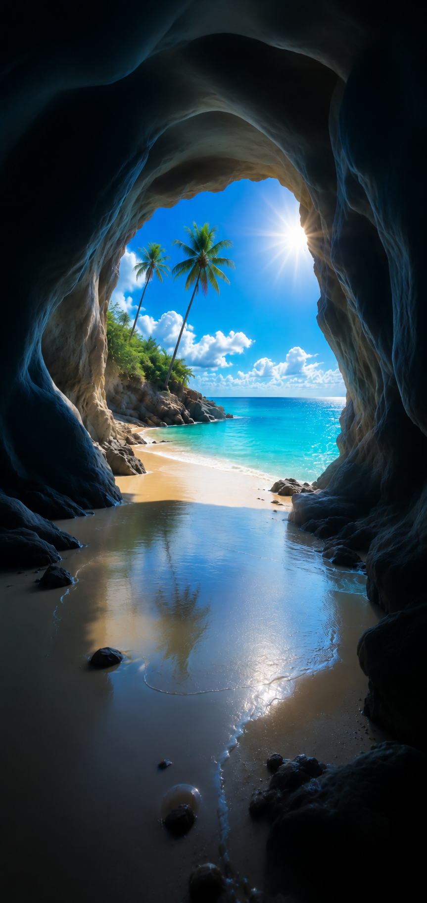 Cinematic phone wallpaper from inside a dark beach cave looking out to palms, blue sky, and turquoise water.