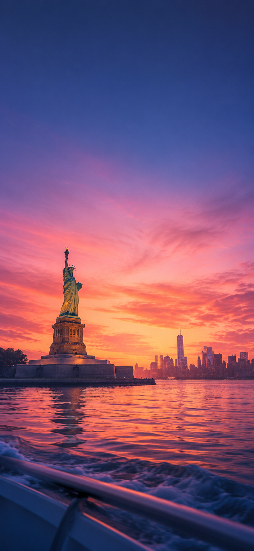 Statue of Liberty sunset phone wallpaper with boat wake, pink sky, and New York harbor.