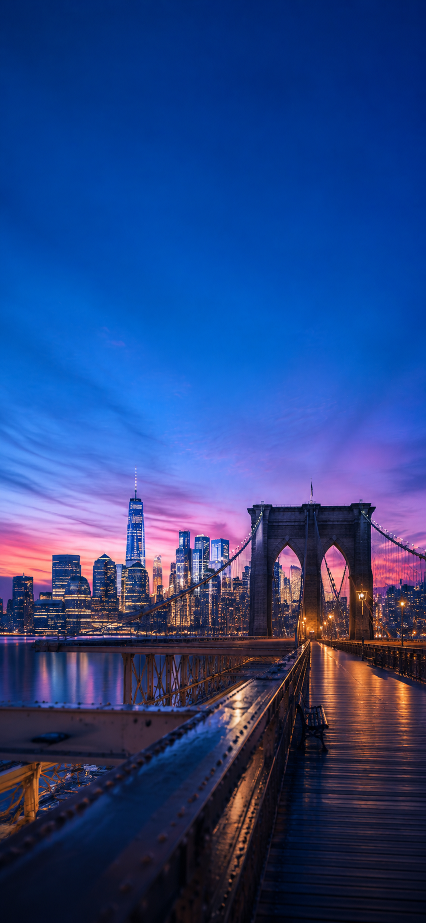 Brooklyn Bridge blue hour phone wallpaper with pastel skyline and river reflections.