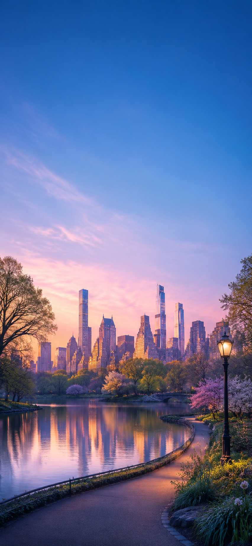 Central Park dusk phone wallpaper with Manhattan skyline, lake reflections, trees, and path lights.