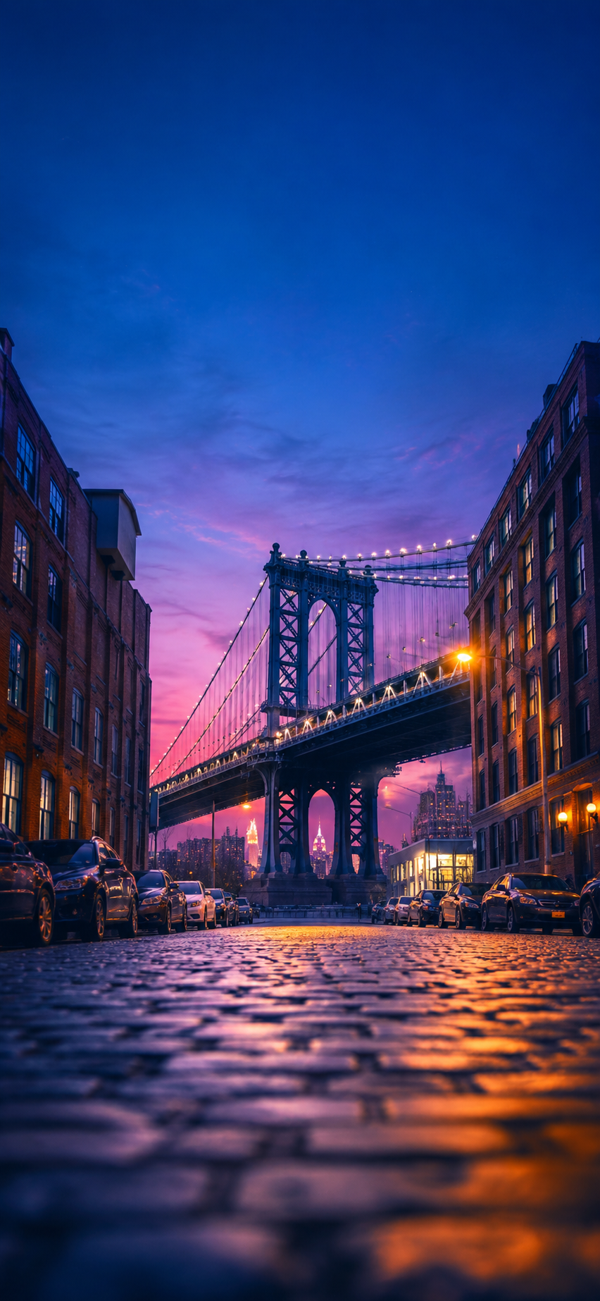 Manhattan Bridge phone wallpaper from a cobblestone street at purple dusk with warm city lights.