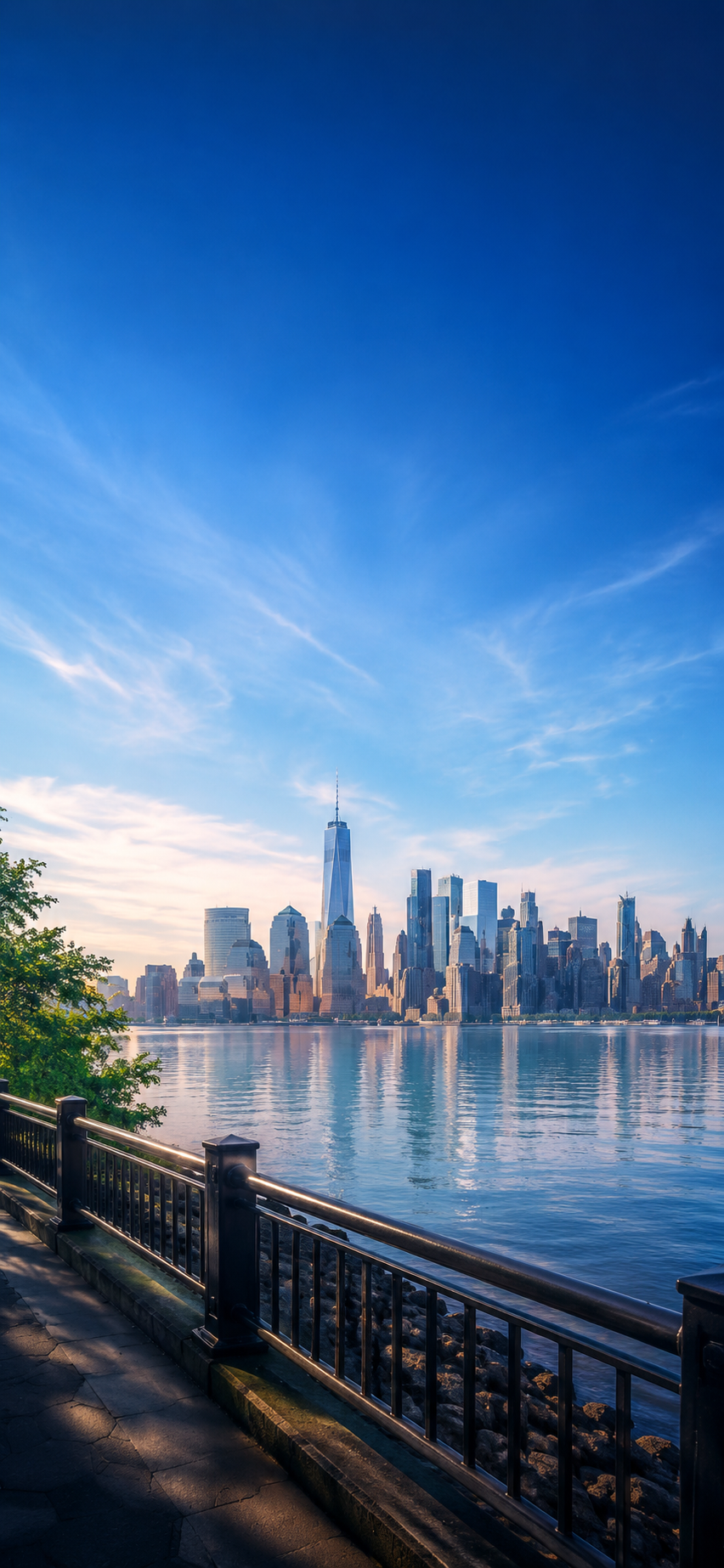 Lower Manhattan waterfront phone wallpaper with blue sky, harbor water, railing, and downtown skyline.