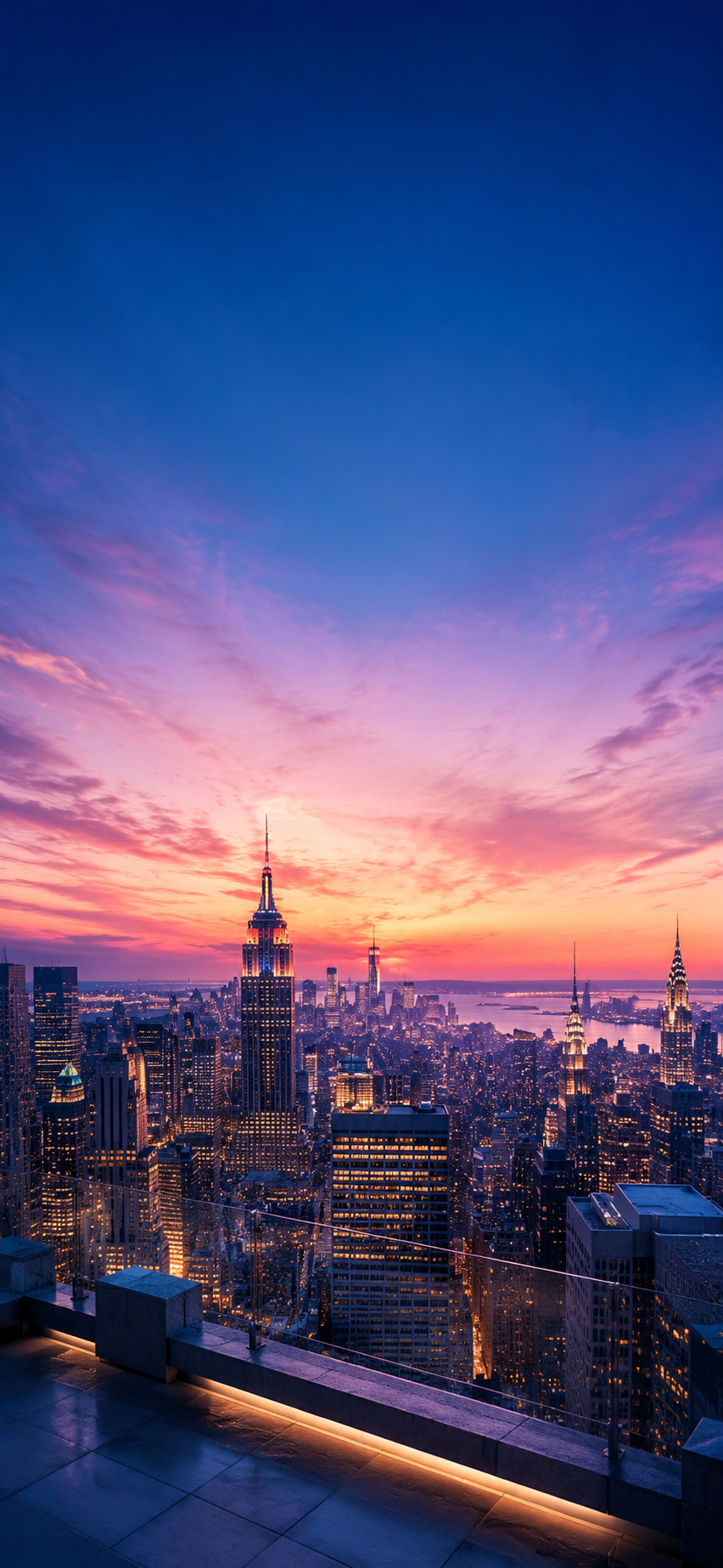 Empire State Building rooftop sunset phone wallpaper with pink clouds and Manhattan city lights.