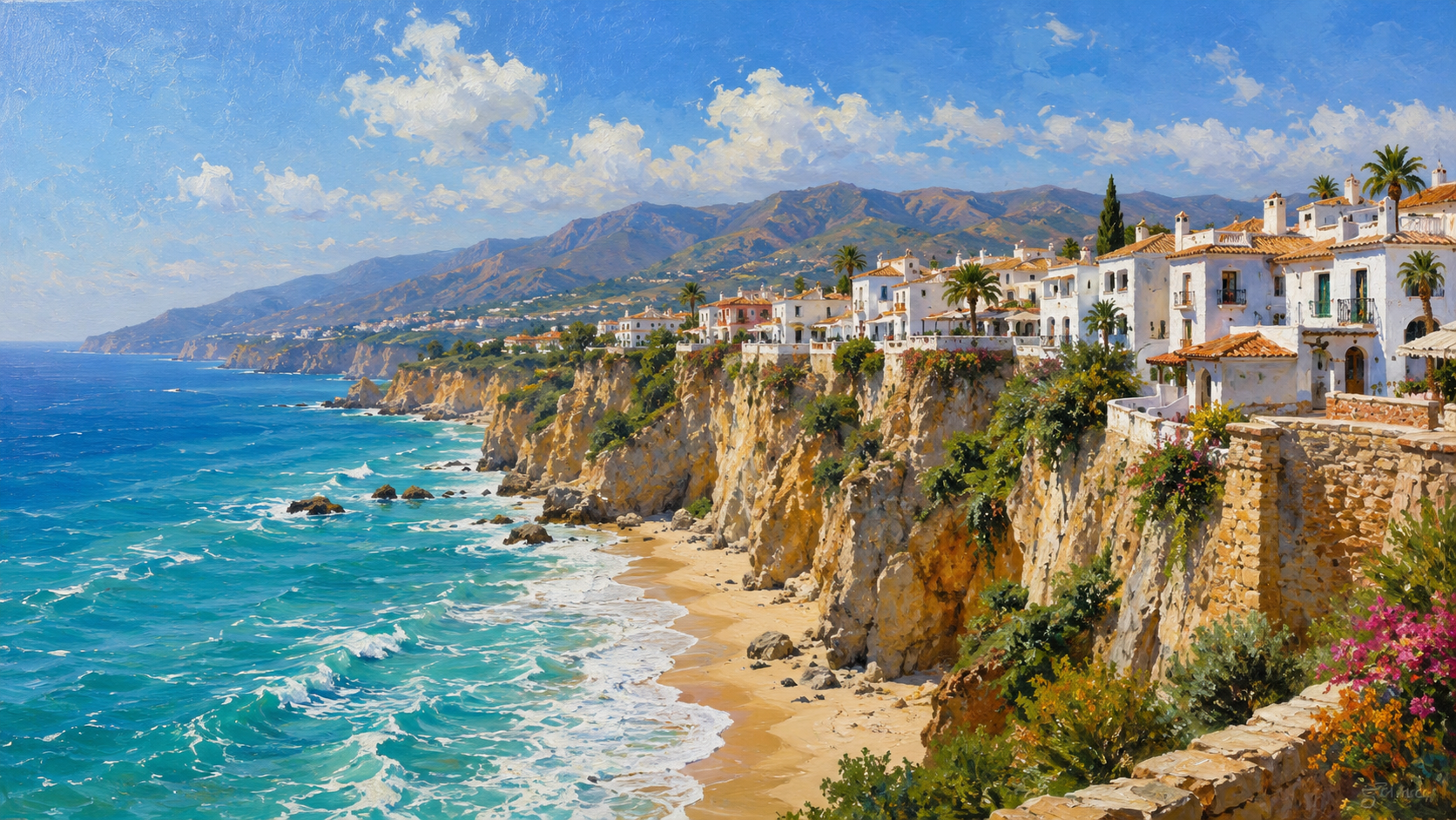 Painterly Amalfi Coast with turquoise water, sandy coves, cliffside villas, and blue sky.