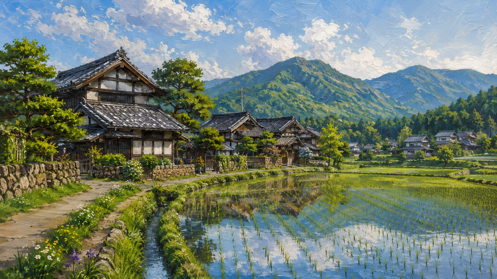Traditional Japanese village beside reflective rice fields and green mountains under blue sky.