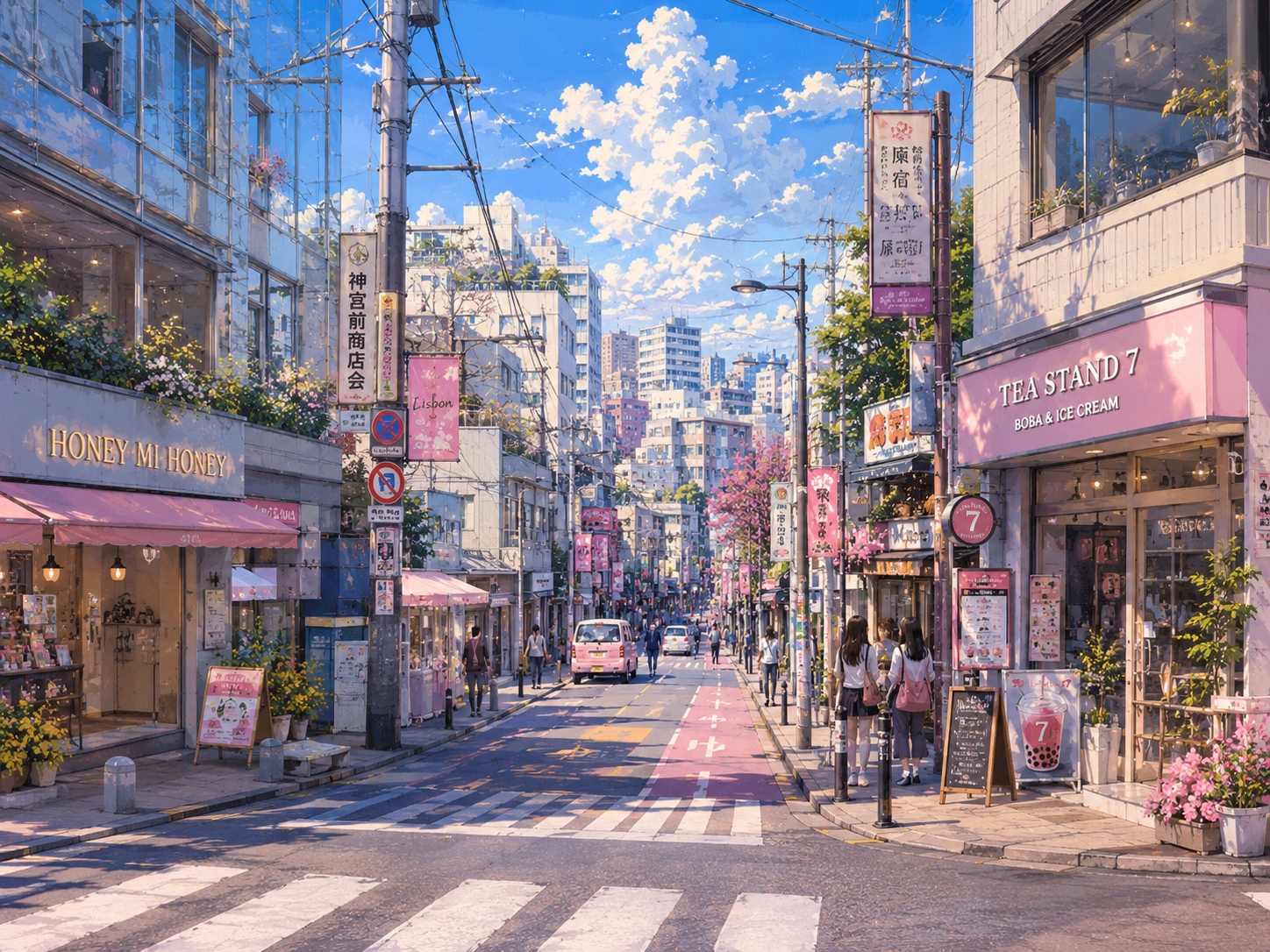 Sunny Tokyo shopping street with pastel boutiques, signs, pedestrians, and blue sky.