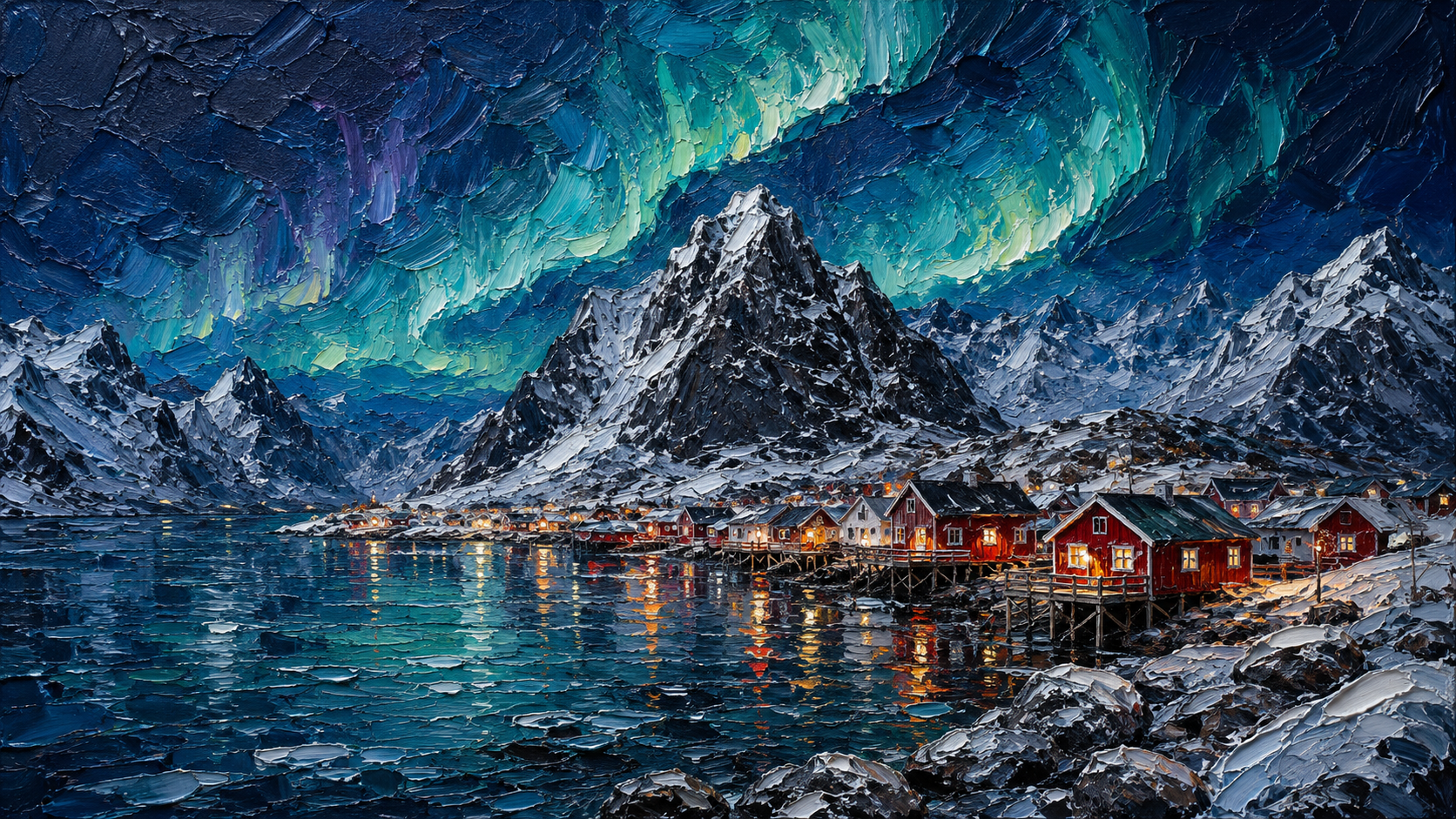 Northern lights above a snowy Lofoten fishing village, dark water, red cabins, and sharp peaks.