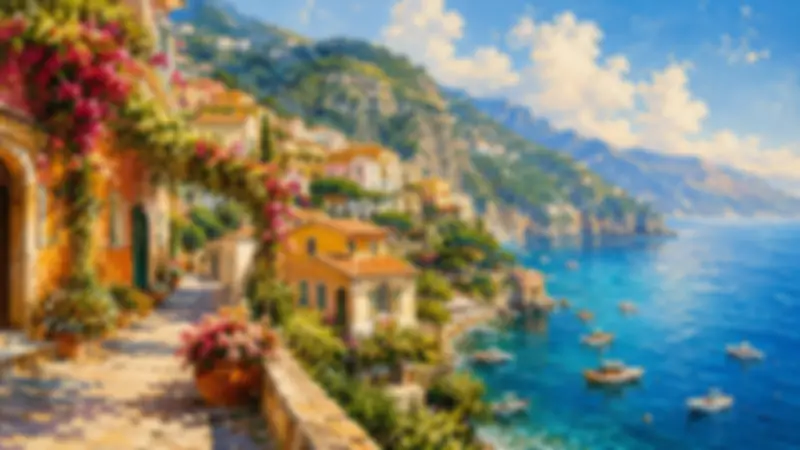Painterly Amalfi Coast morning with pink bougainvillea, colourful cliffside homes, blue sea, and boats.