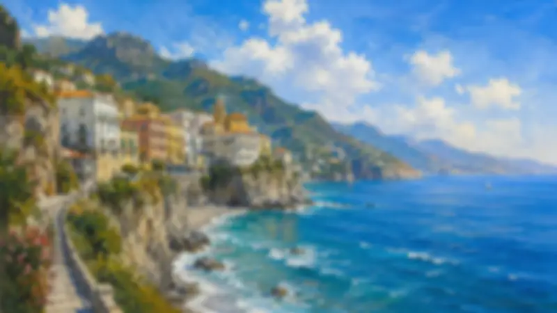 Painterly Amalfi headland with colourful buildings, mountain ridges, and bright blue sea.