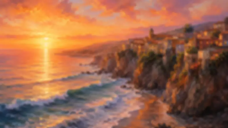 Painterly Amalfi cliff village beside the sea under a vivid orange sunset.