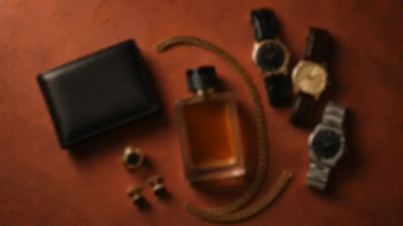 Black wallet, amber fragrance, three watches, cufflinks, ring, and gold chain on burnt-sienna plaster.